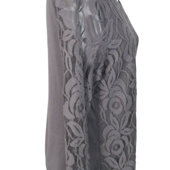 Chico's Gray Lucie Lace Front Sheer 3/4 Sleeve Knit Back Top Size 1/M/8 - Picture 6 of 16